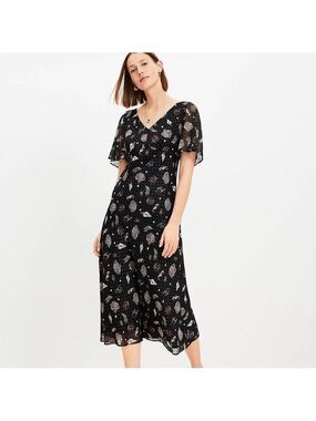 LOFT Black Coastal Seashell Midi Dress with V-Neck
